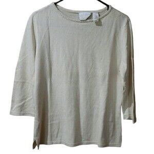 Emma James White Silk Cashmere Beaded Neck 3/4 Sleeve Knit Top LG